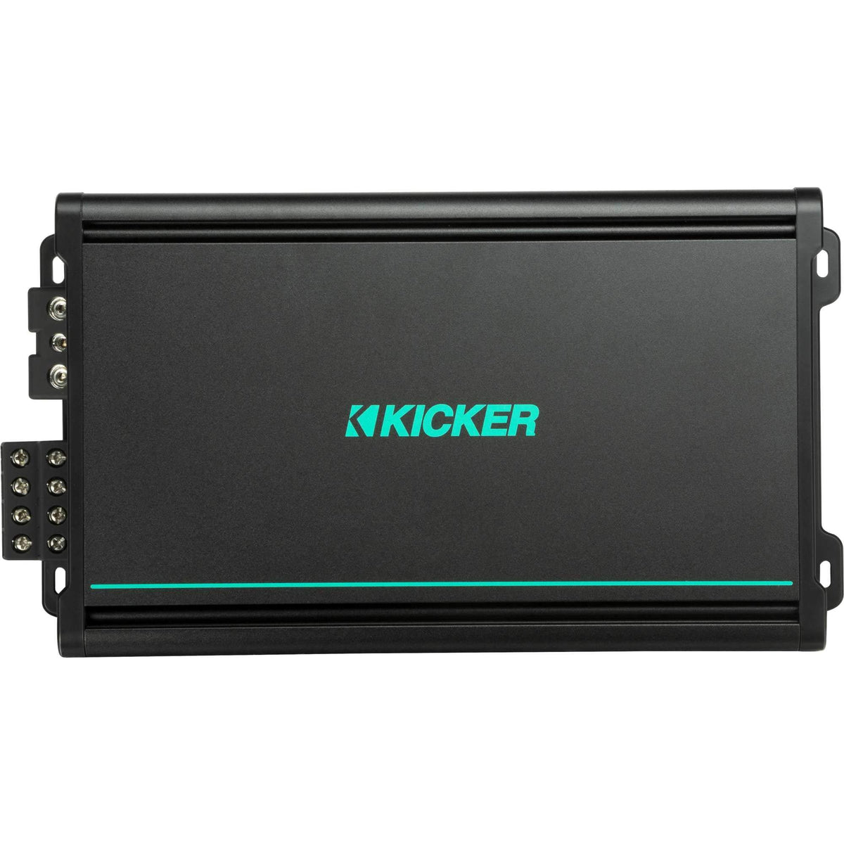 KICKER 48KMA6004 front view showing a compact, weather-ready amplifier for vehicle installation.