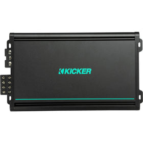 KICKER 48KMA6004 front view showing a compact, weather-ready amplifier for vehicle installation.