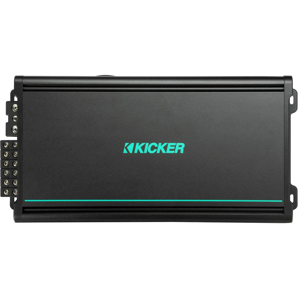 KICKER 48KMA6006 front view showing compact, weather-resistant amplifier for versatile mounting.