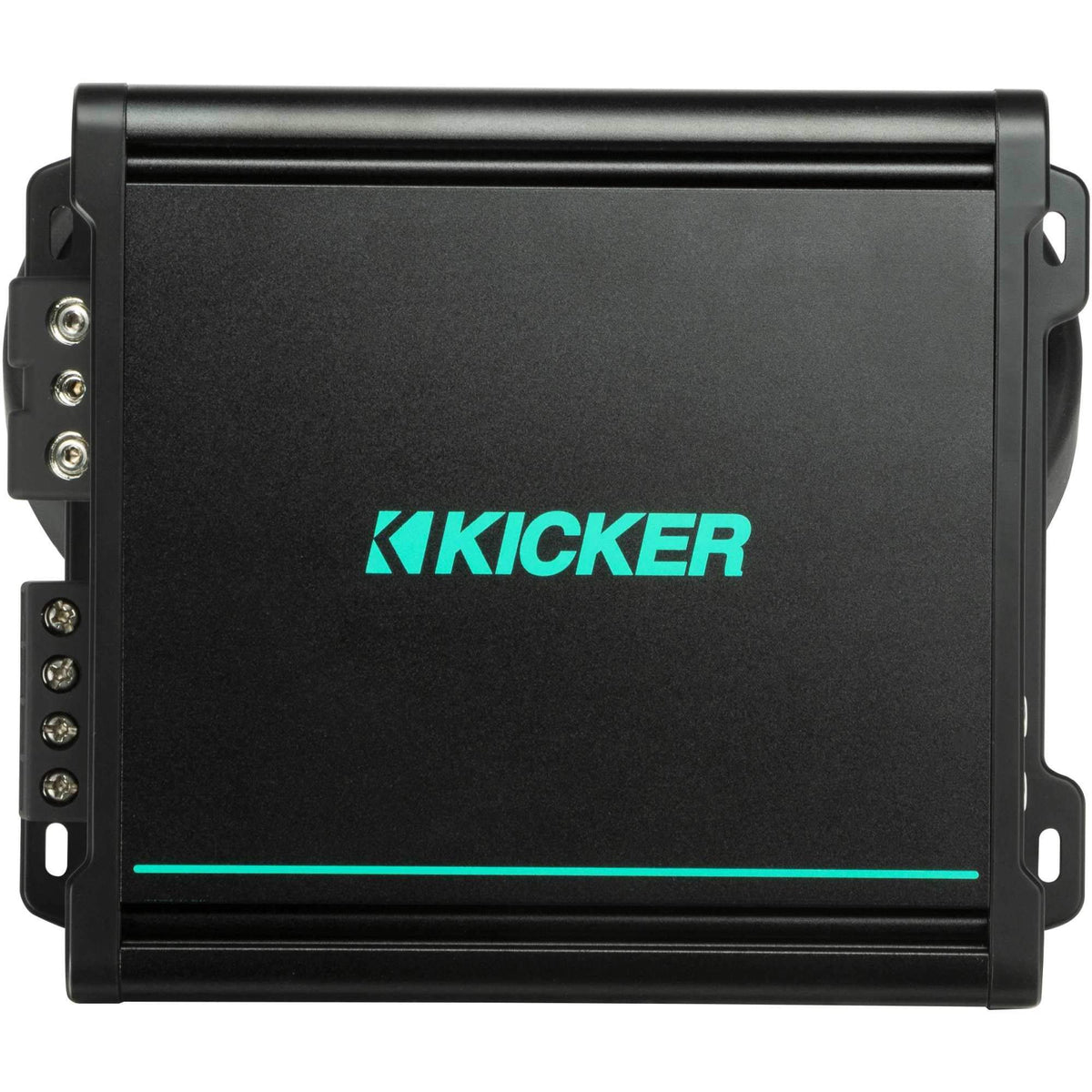 KICKER 48KMA8001 mono sub amplifier front view highlights a compact design for easy installation.