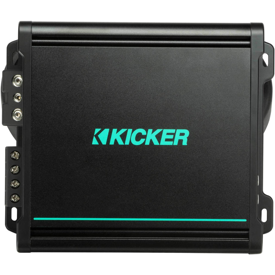 KICKER 48KMA8001 mono sub amplifier front view highlights a compact design for easy installation.