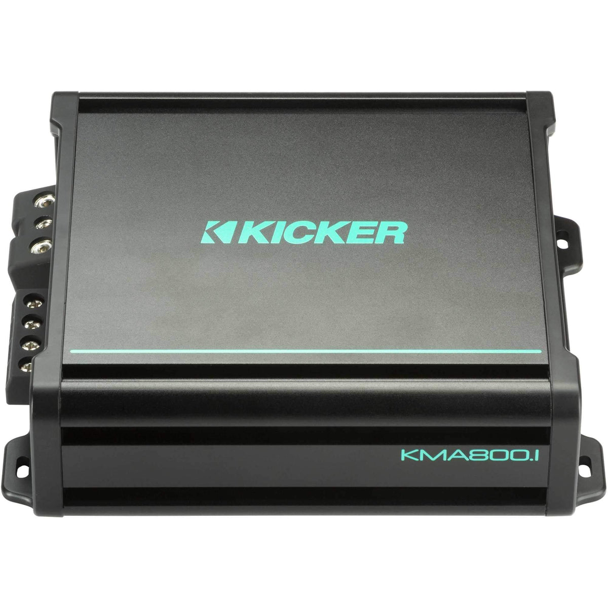 KICKER 48KMA8001 mono sub amplifier side profile suited for tight spaces in cars or trucks.
