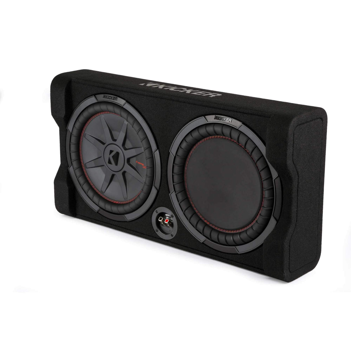KICKER 48TRTP122 passive radiator enclosure enhances bass with minimal trunk space.
