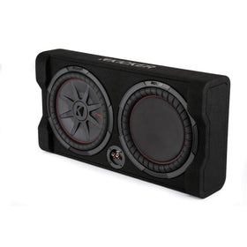 KICKER 48TRTP122 passive radiator enclosure enhances bass with minimal trunk space.