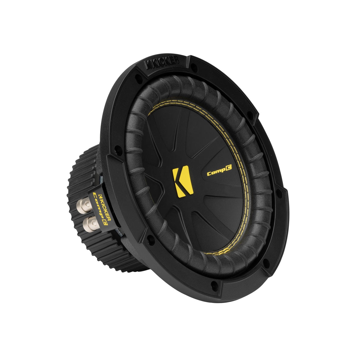 KICKER 50CWCD84 CompC 8 front view shows rugged cone for deep bass.
