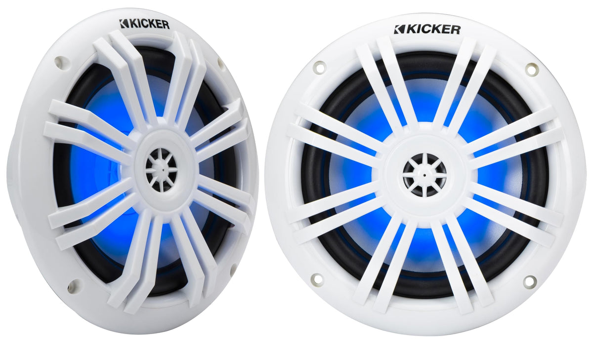KICKER 51KM604WL front view with white grille for durable marine aesthetics.