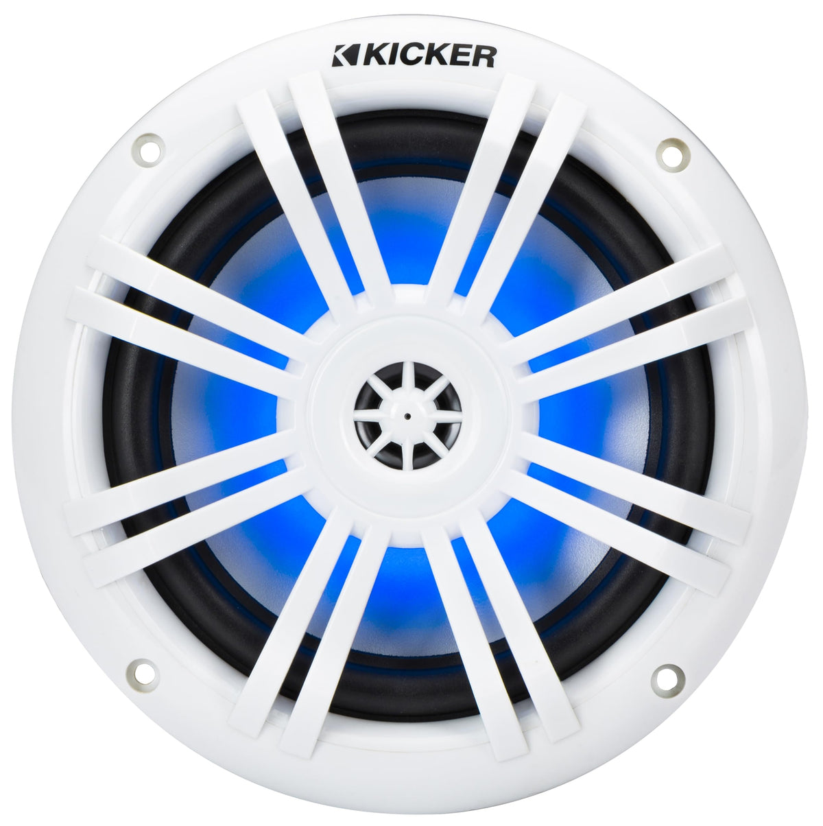 KICKER 51KM604WL RGB LED lights on for enhanced night boating ambiance.