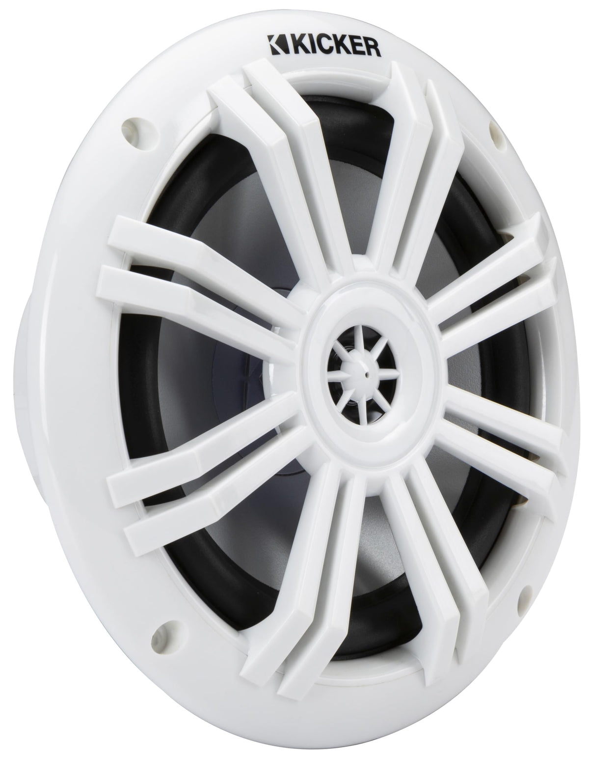 KICKER 51KM604WL stainless steel hardware resists corrosion in marine environments.