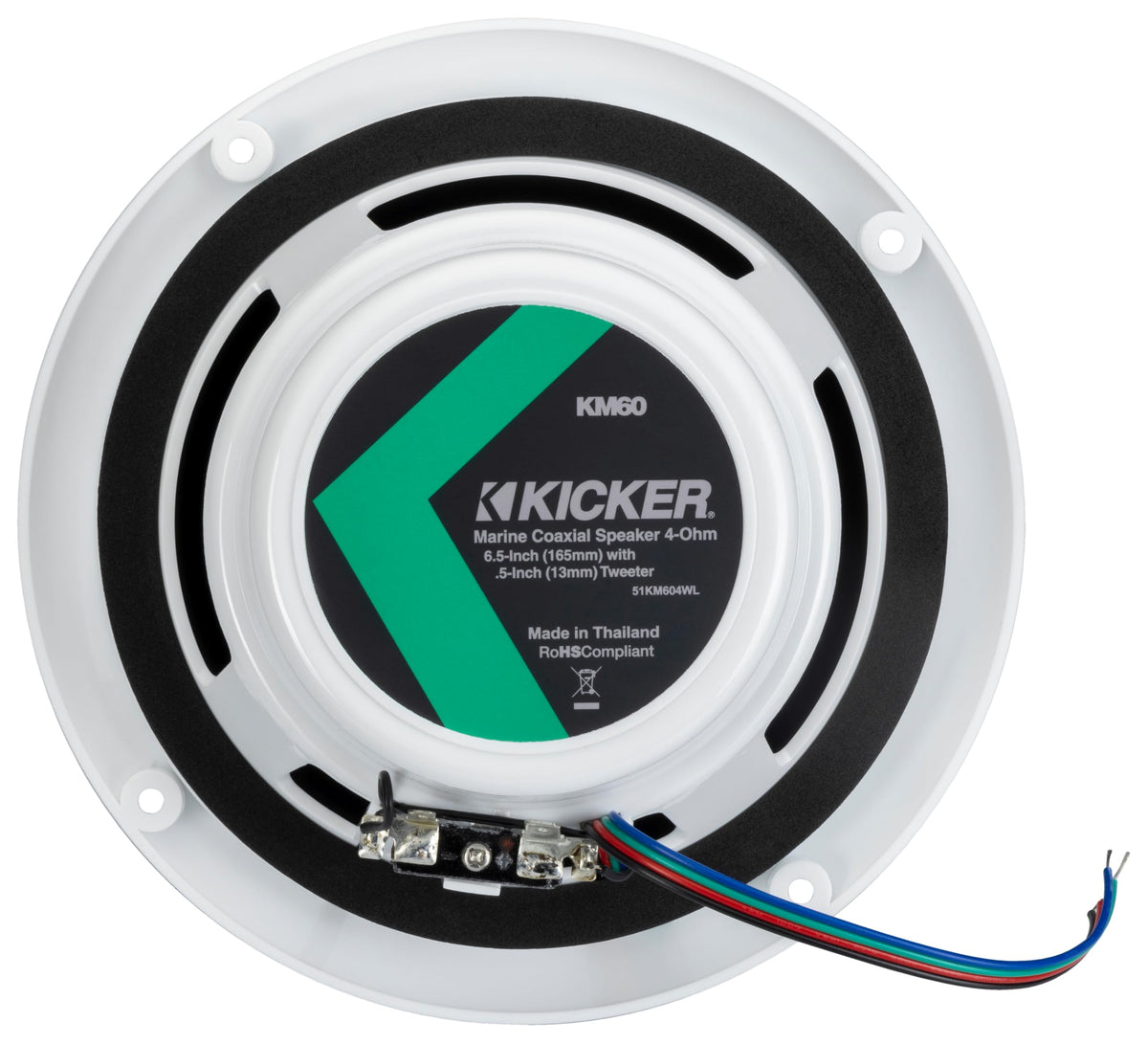 KICKER 51KM604WL white grille stays bright and fade-resistant.