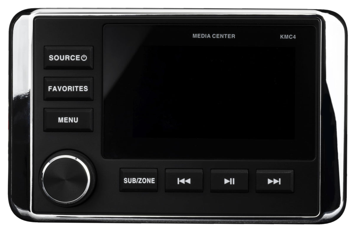KICKER 51KMC4 full-color LCD display shows track info, caller IDs, and menu options.