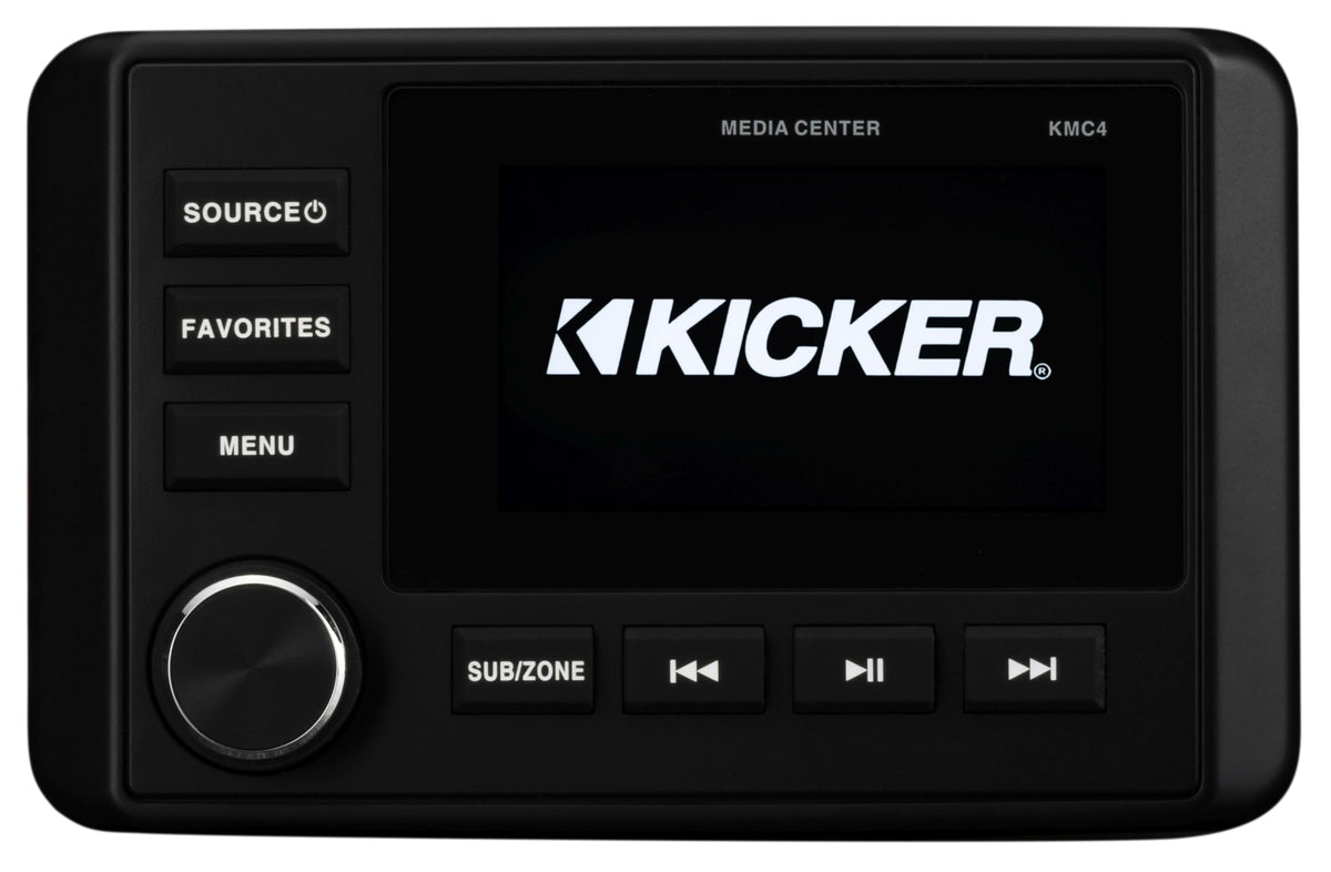 KICKER 51KMC4 gauge-style display ready for rugged in-dash use with Bluetooth streaming.