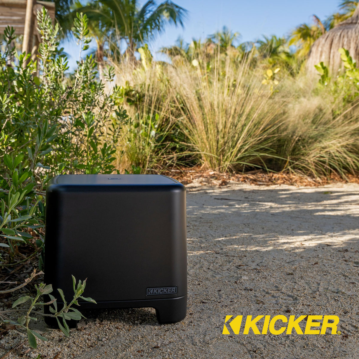 KICKER 51OAW10B patio-deck-setup ideal for backyard listening.
