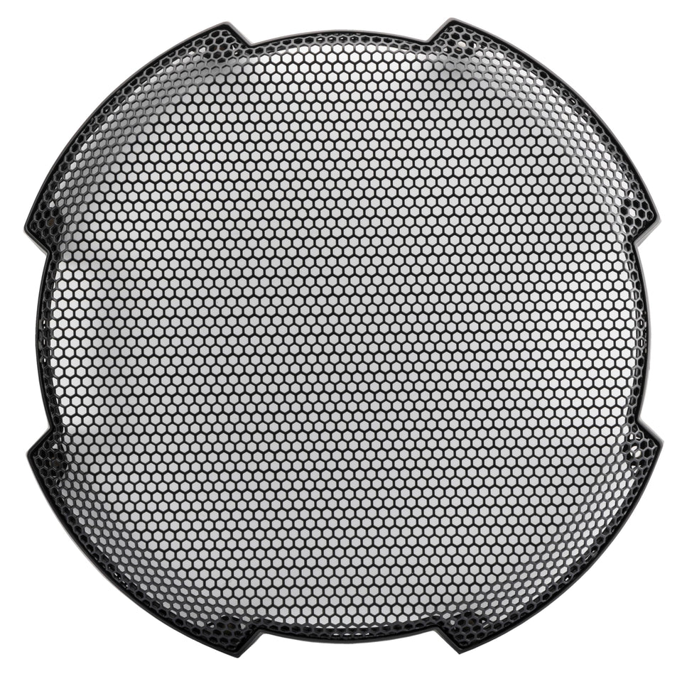 KICKER 52GR12 round speaker grille in steel mesh for rugged protection and a clean look.
