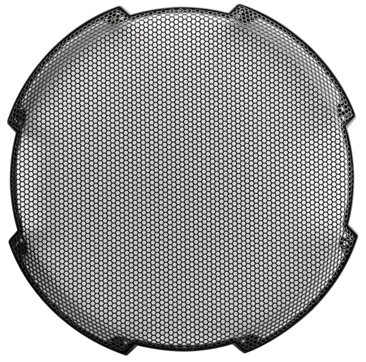 KICKER 52GR15 round mesh grille protecting a 15-inch subwoofer while preserving airflow.