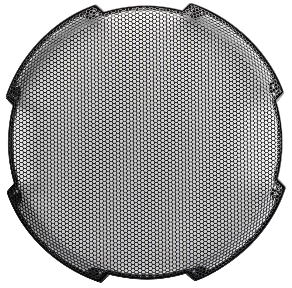 KICKER 52GR15 round mesh grille protecting a 15-inch subwoofer while preserving airflow.
