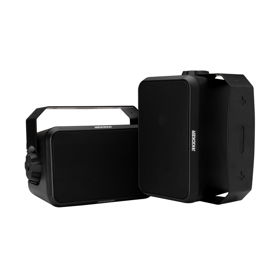 KICKER 52OA4B outdoor speaker mounted on wall for clear backyard sound