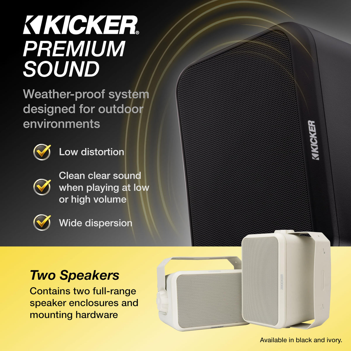 KICKER 52OA6B with versatile bracket for wall or ceiling installation.