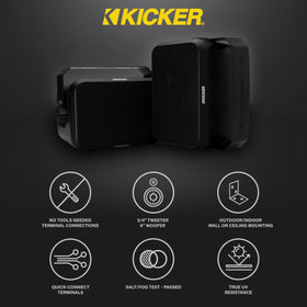 KICKER 52OA6B supports 20–100 watts RMS for flexible sound outdoors.