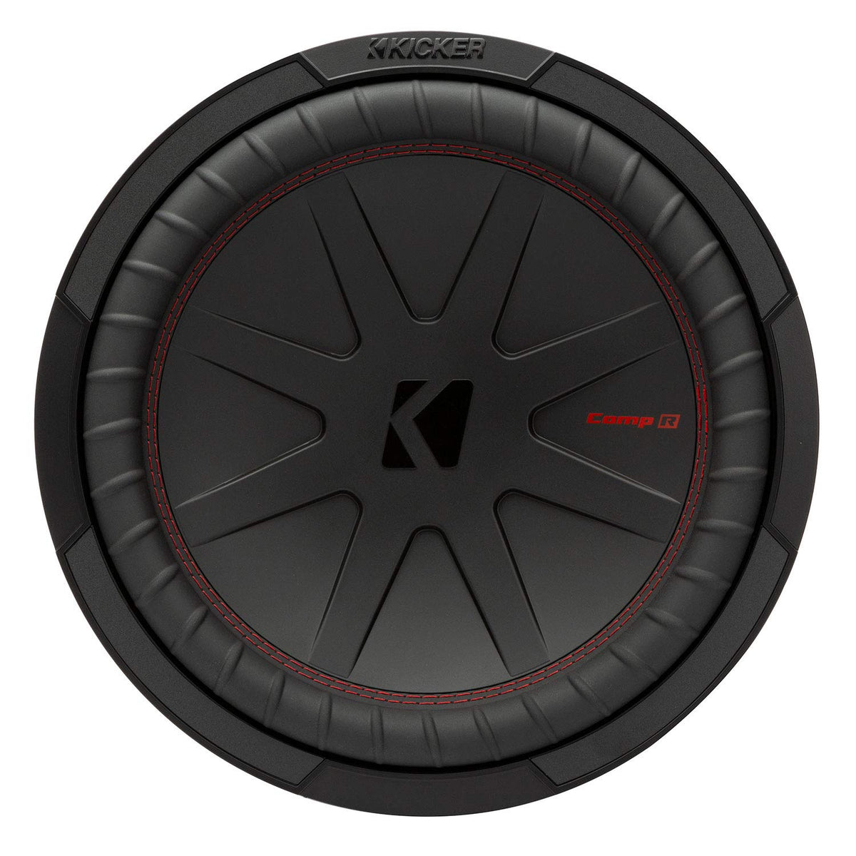 KICKER CompR 12-inch subwoofer with DVC basket detail and dual voice coils