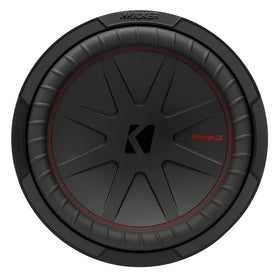 KICKER CompR 12-inch subwoofer with DVC basket detail and dual voice coils