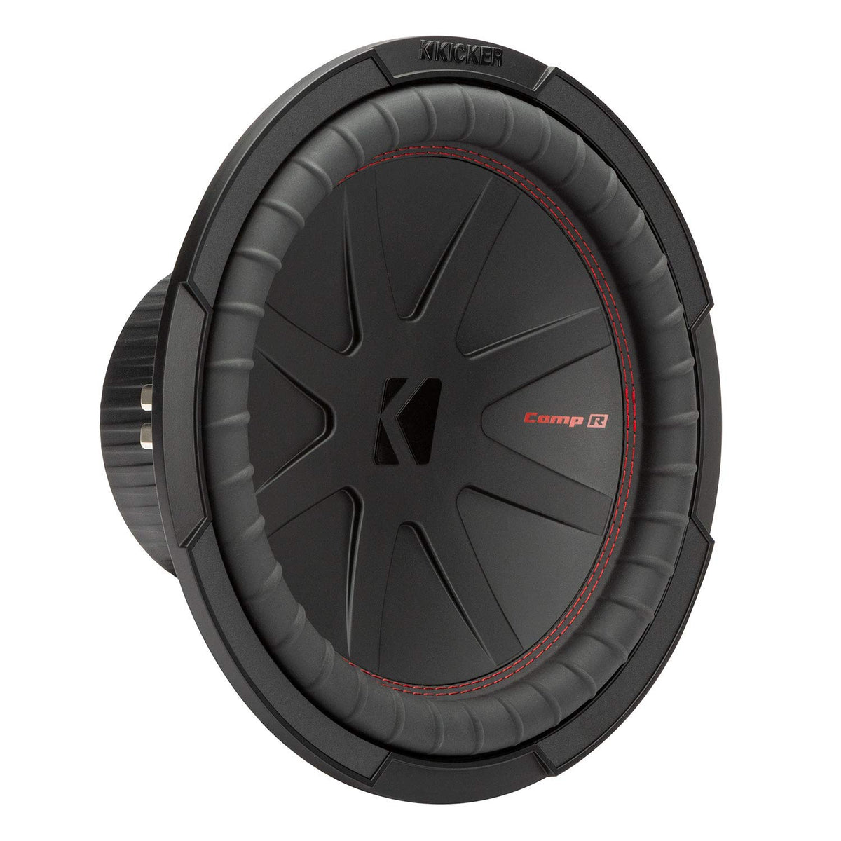KICKER CompR 12-inch subwoofer front view shows rugged build for deep bass