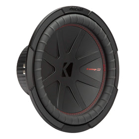 KICKER CompR 12-inch subwoofer front view shows rugged build for deep bass