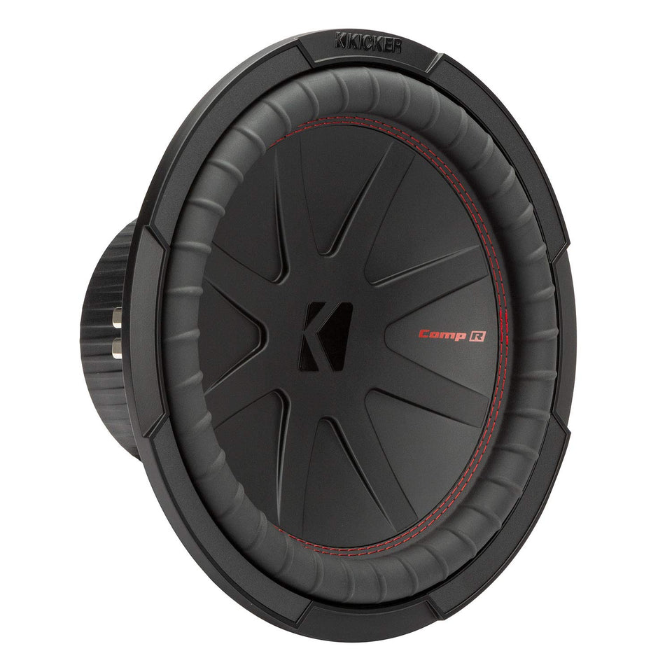 KICKER CompR 12-inch subwoofer front view shows rugged build for deep bass