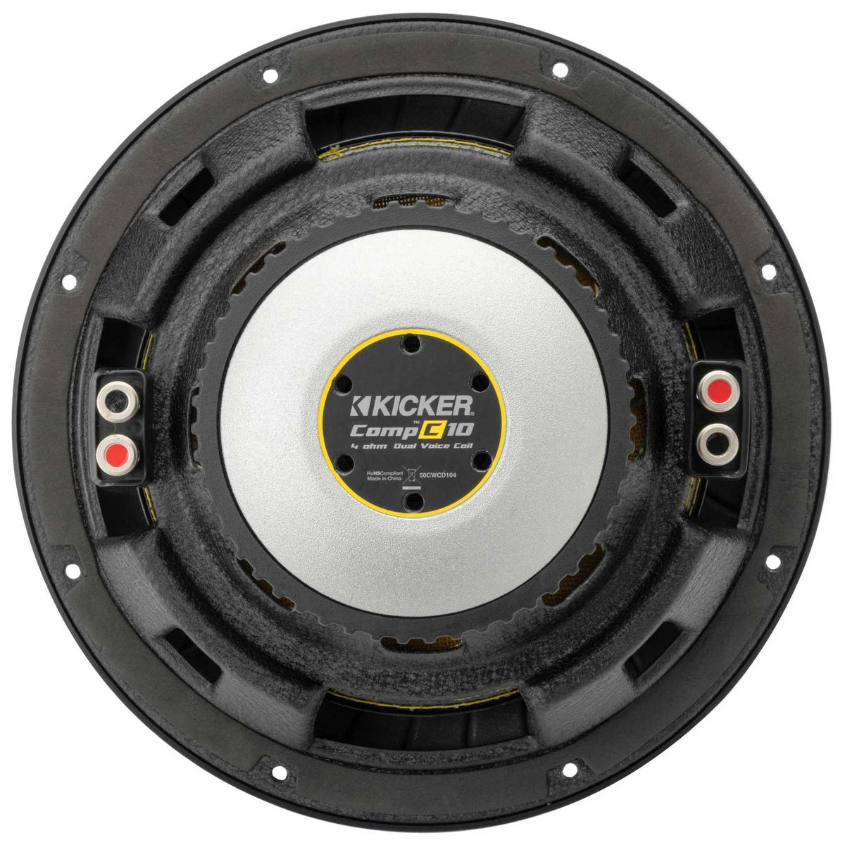 KICKER CompC 10 cone detail highlights lightweight polypropylene for clear sound.