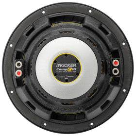 KICKER CompC 10 cone detail highlights lightweight polypropylene for clear sound.