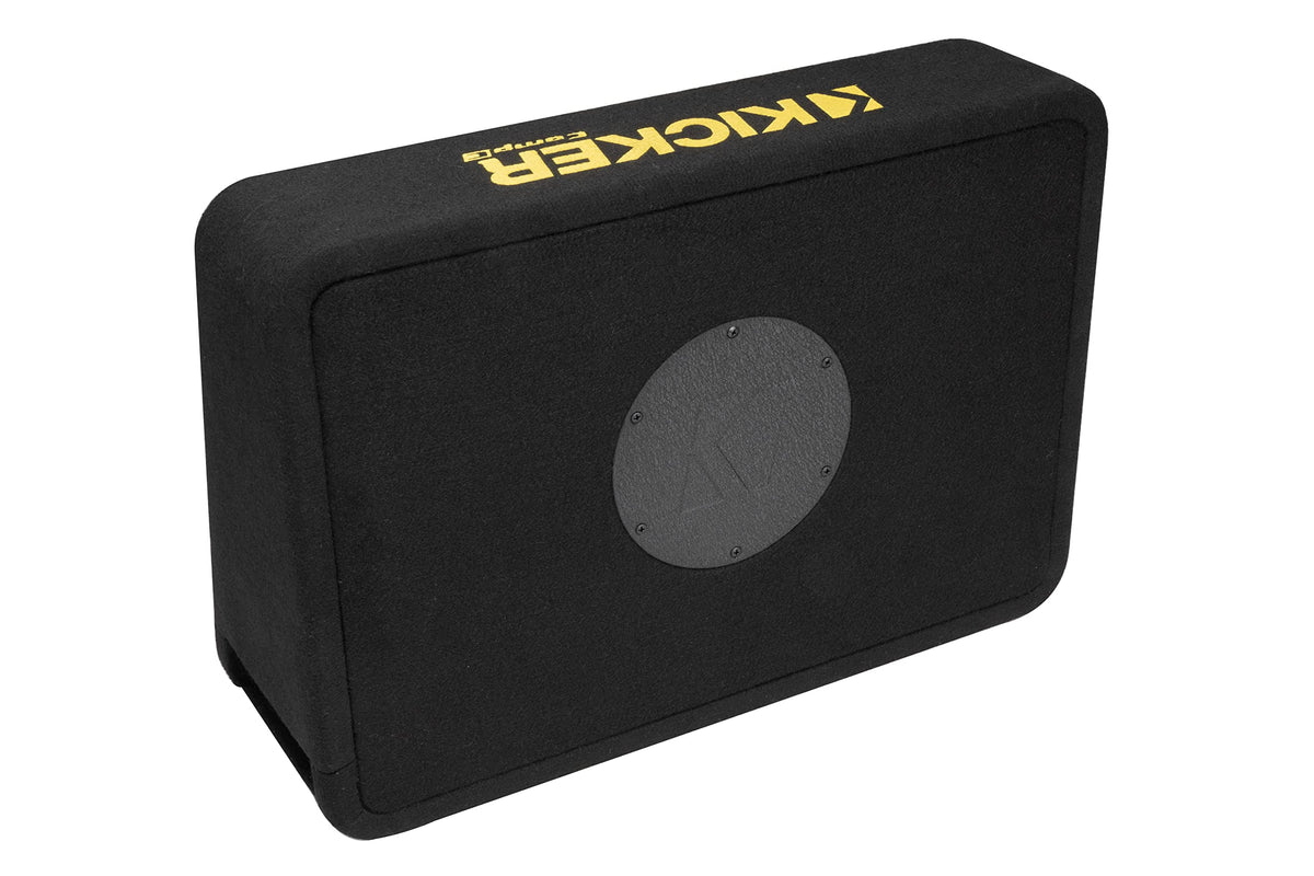 KICKER CompC logo detail on the enclosure enhances interior aesthetics.