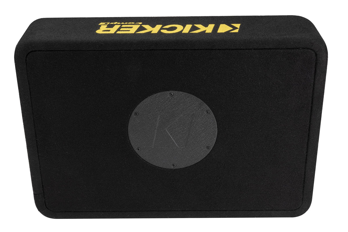 KICKER CompC 10-Inch enclosure in thick black carpet with logo for stylish interiors.