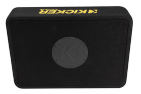 KICKER CompC 10-Inch enclosure in thick black carpet with logo for stylish interiors.