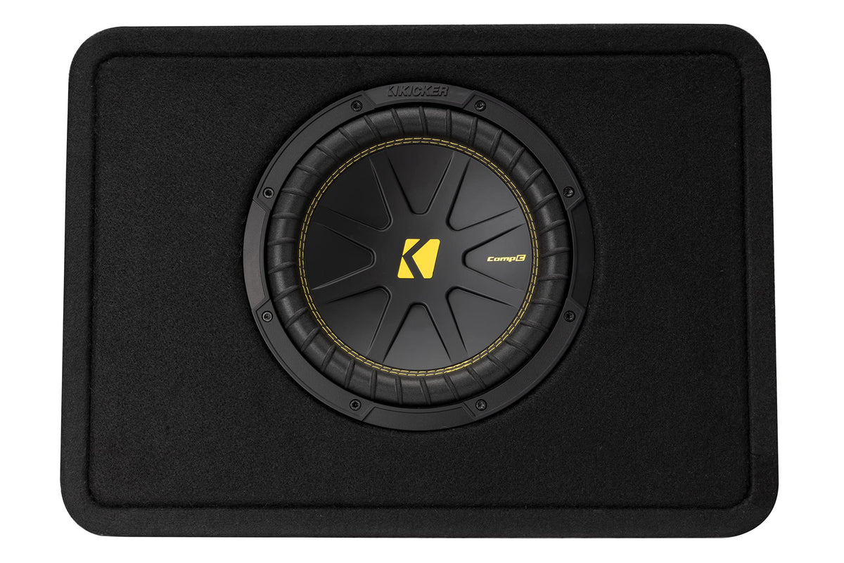 KICKER CompC 10-Inch subwoofer front view with thin profile for space-saving bass.