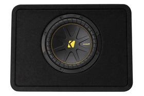 KICKER CompC 10-Inch subwoofer front view with thin profile for space-saving bass.