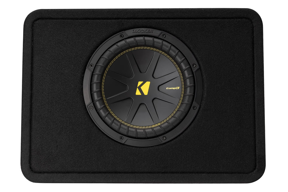 KICKER CompC 10-Inch subwoofer front view with thin profile for space-saving bass.