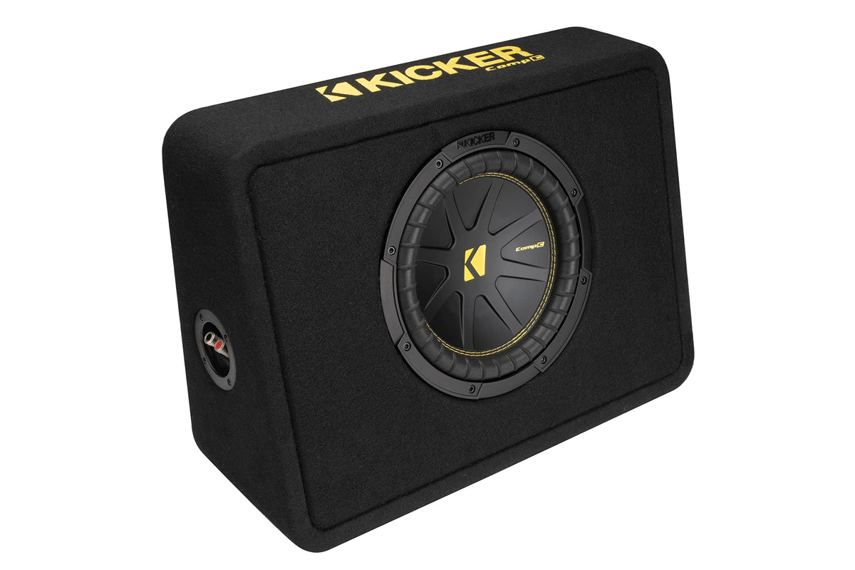 KICKER CompC 10-Inch subwoofer under-seat installation for compact car setups.