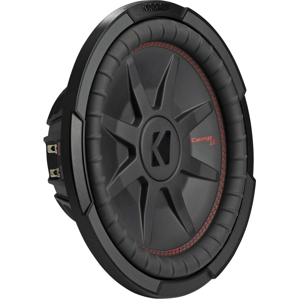 KICKER CompRT 12-inch subwoofer front view shows compact, high-performance design for tight spaces.