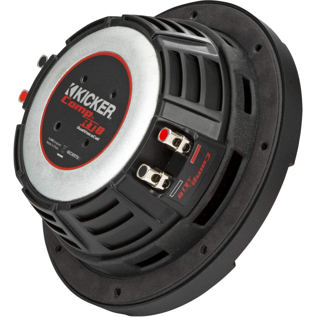 KICKER CompRT 8in subwoofer dual voice coils enable flexible wiring options.