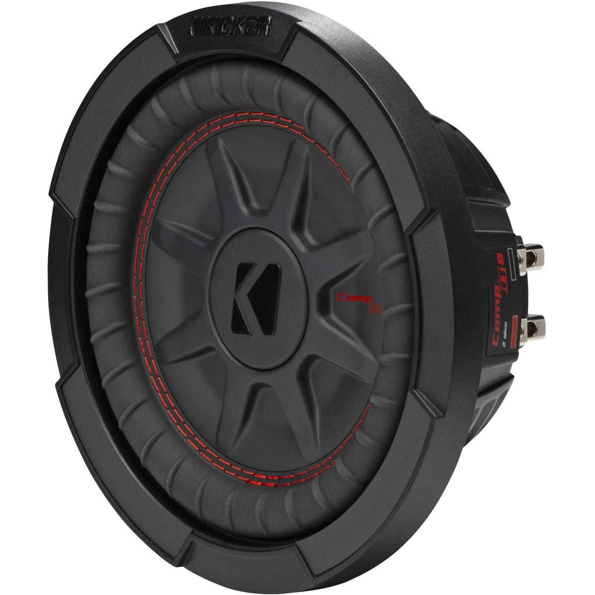 KICKER CompRT 8in subwoofer forced-air cooling keeps components cooler.