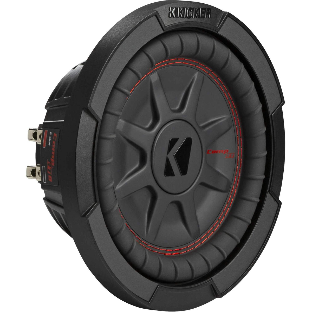 KICKER CompRT 8in subwoofer front view shows compact form for tight enclosures and solid bass.