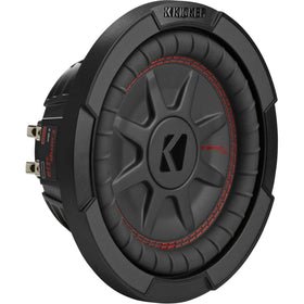 KICKER CompRT 8in subwoofer front view shows compact form for tight enclosures and solid bass.