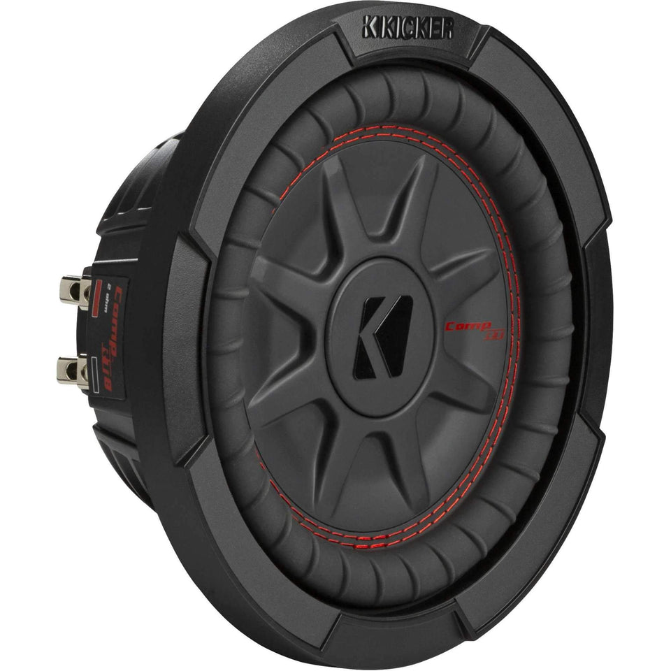 KICKER CompRT 8in subwoofer front view shows compact form for tight enclosures and solid bass.