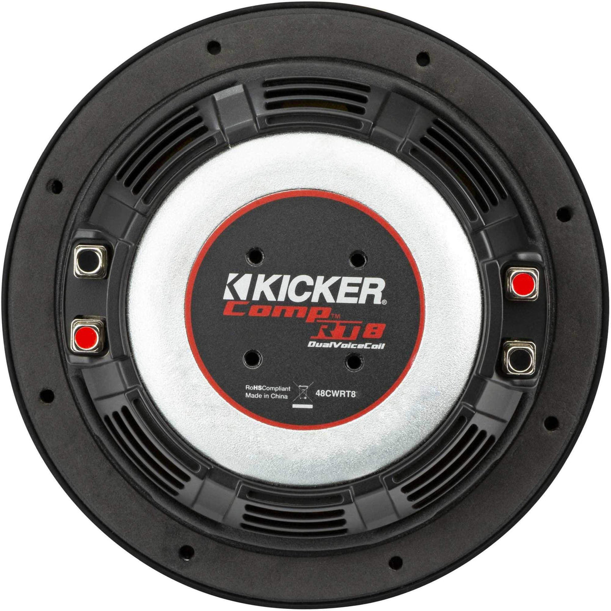 KICKER CompRT 8in subwoofer side profile demonstrates thin driver delivering powerful lows.