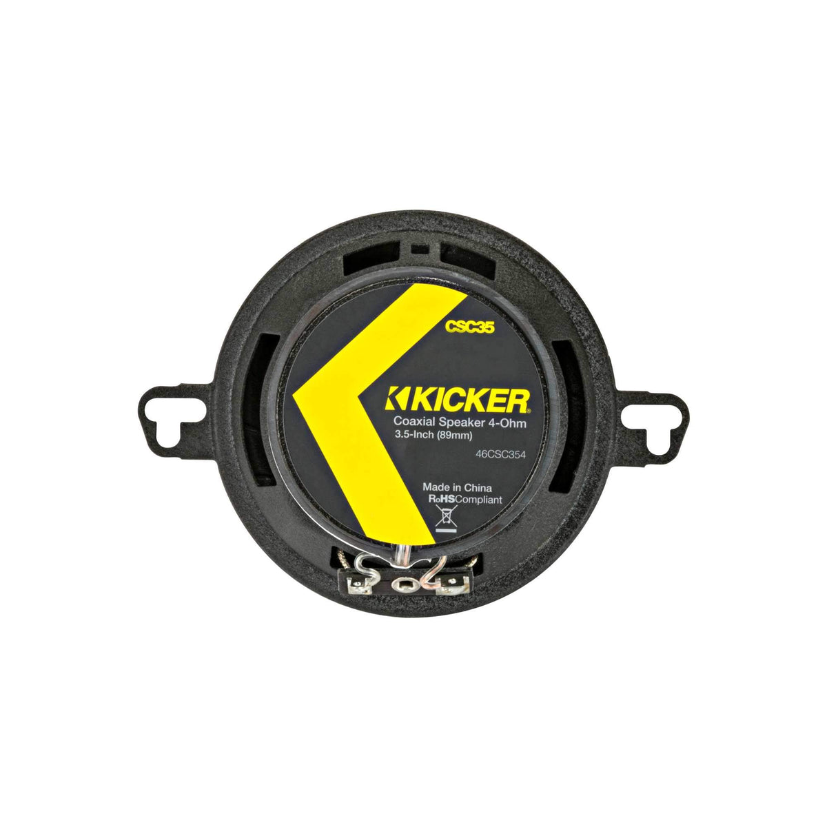 KICKER CSC35 rear magnet and terminals highlighting easy wiring and durability
