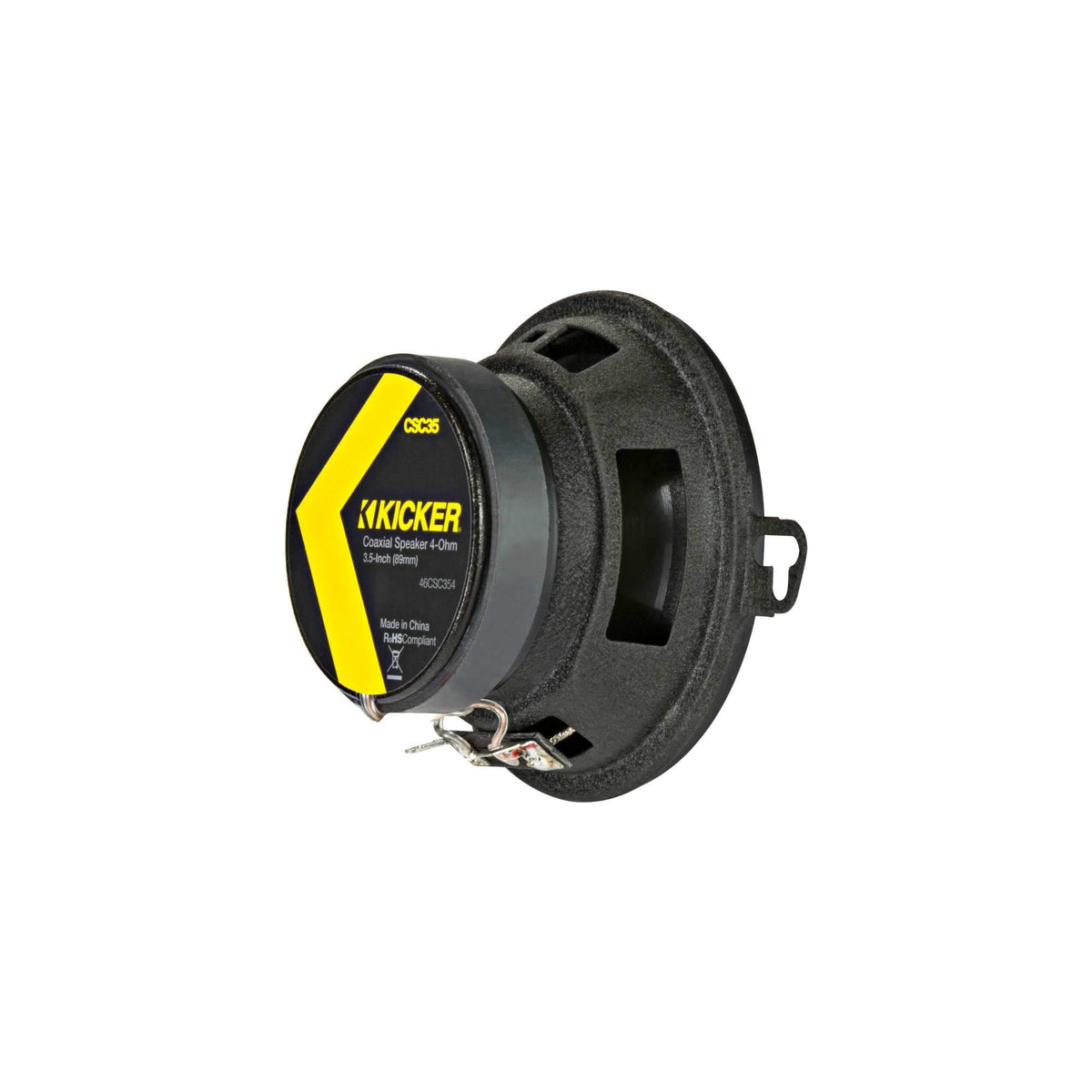 KICKER CSC35 tweeter close-up showing PEI dome for detailed high frequencies