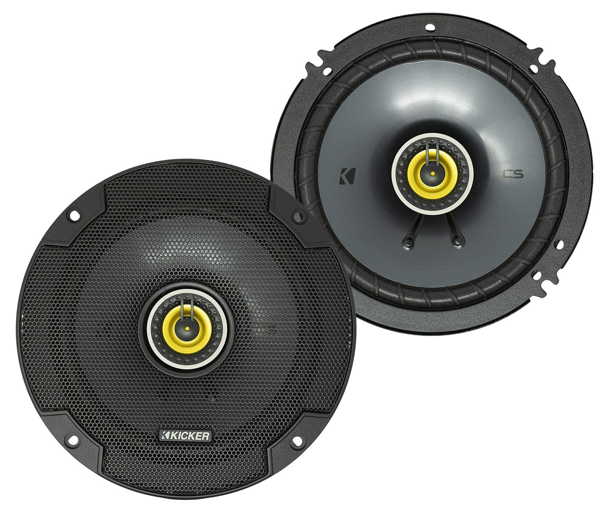 KICKER CSC65 front view showing the 6.5-inch coaxial speakers for clear bass.