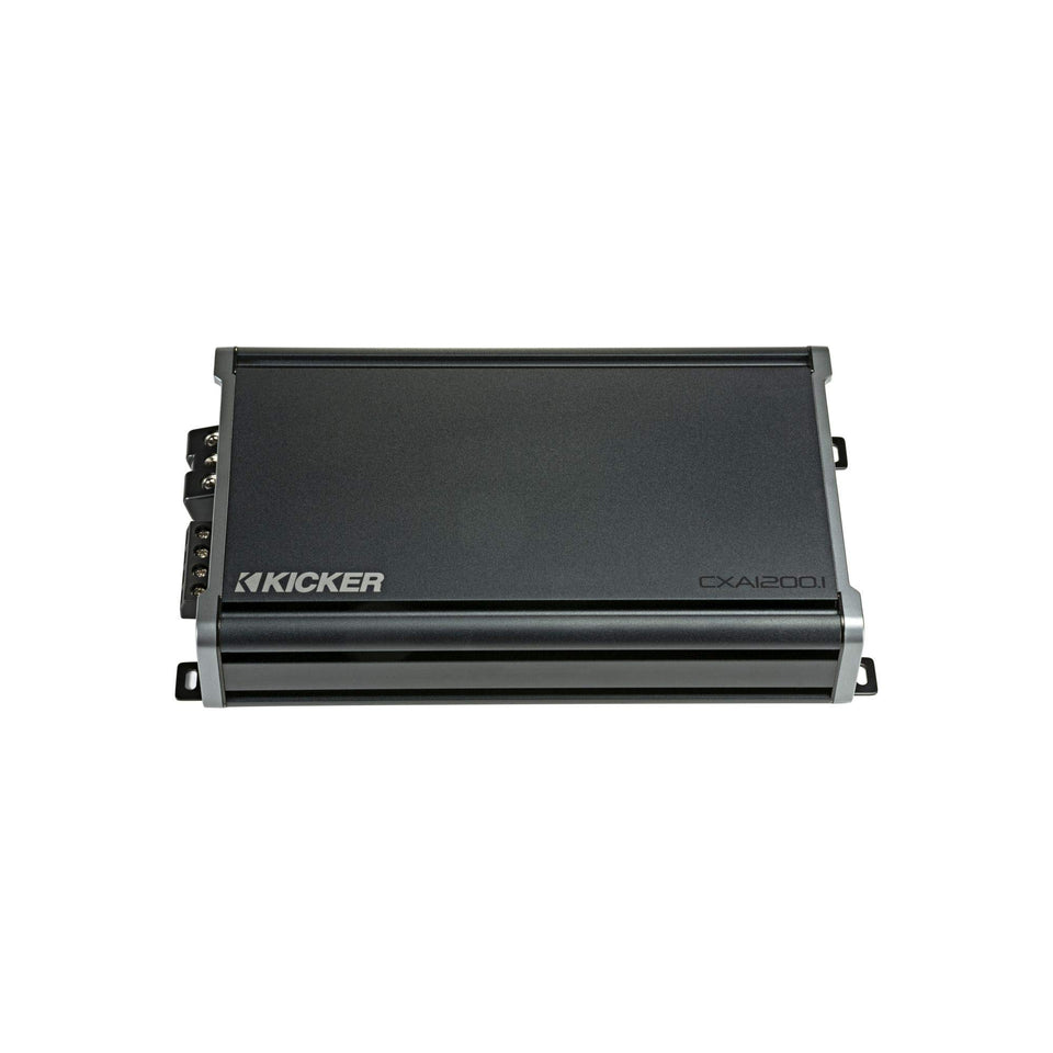 KICKER CX1200.1 front view shows a compact, powerful mono amp.