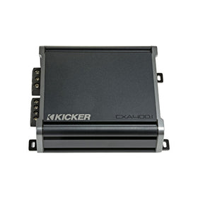 KICKER CXA4001 front view shows compact mono amplifier for tight installs.