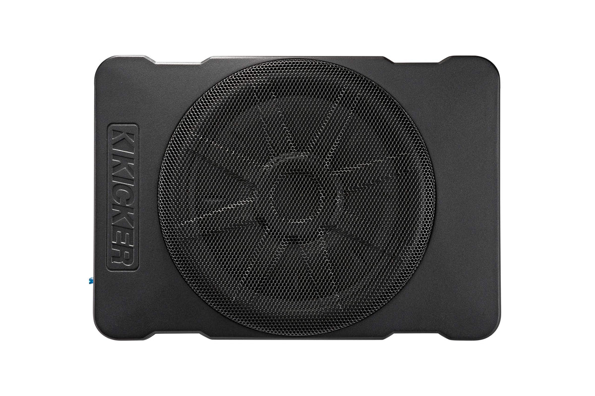 KICKER Hideaway 46HS10 side view highlights slim profile for tight trunks