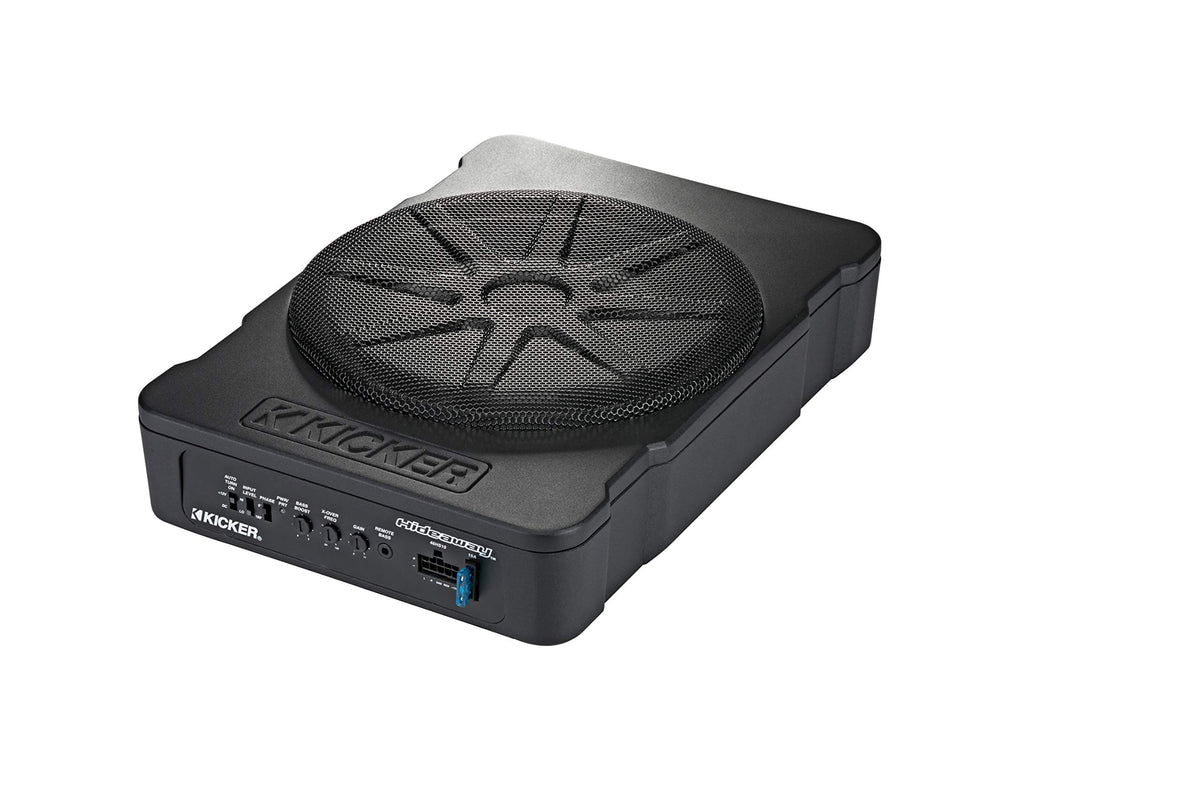 KICKER Hideaway HS10 front view, compact design with strong aluminum frame.